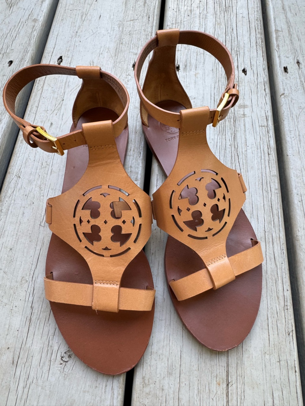 Tory Burch Cognac Leather Cutout Sandals with Gold Buckles